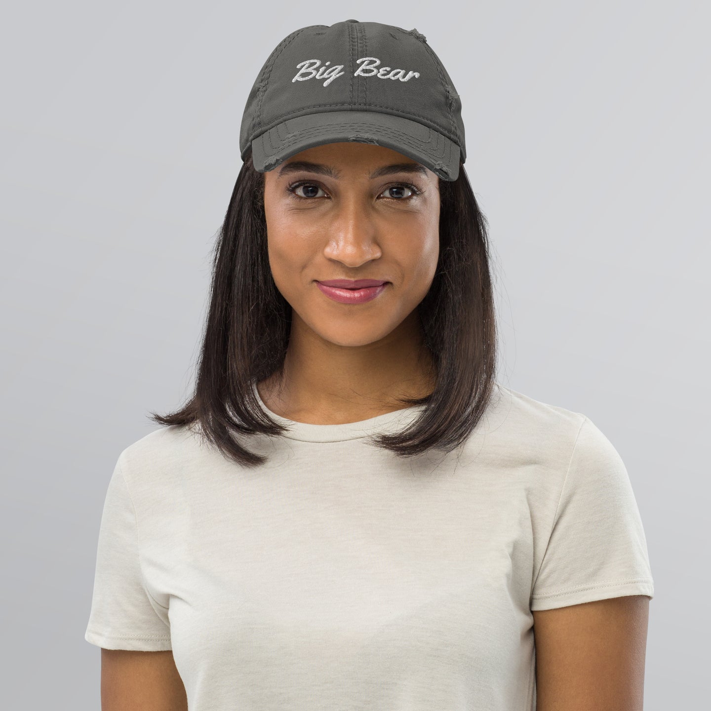 big bear gray distressed dad hat on female model