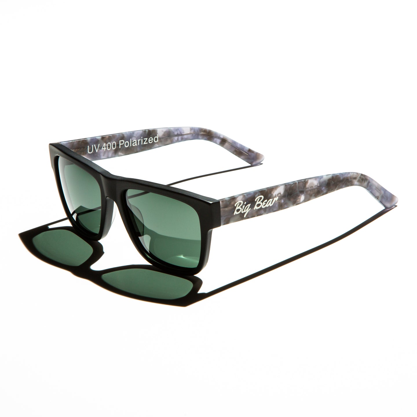 Green lens sunglasses with matte cloudy gray temples