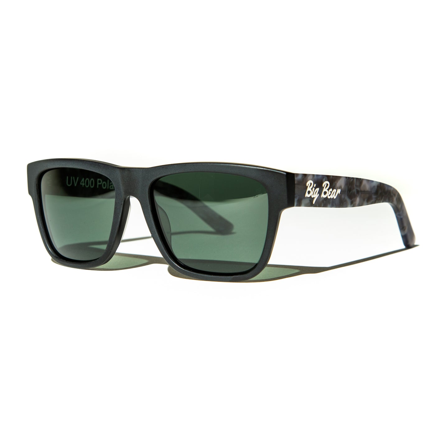 Green lens sunglasses with matte cloudy gray temples