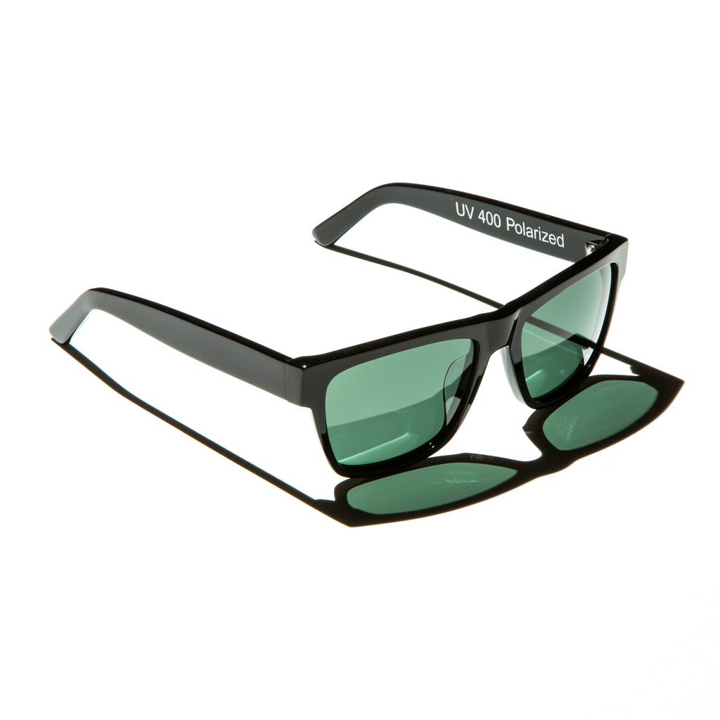 Green lens sunglasses with polished black temples