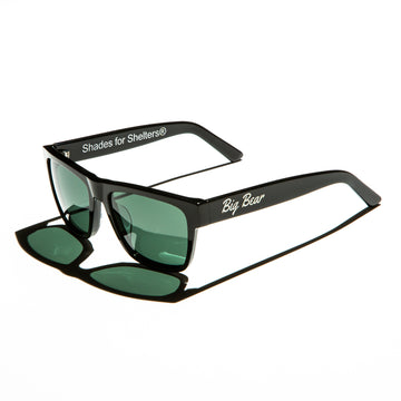 Green lens sunglasses with polished black temples