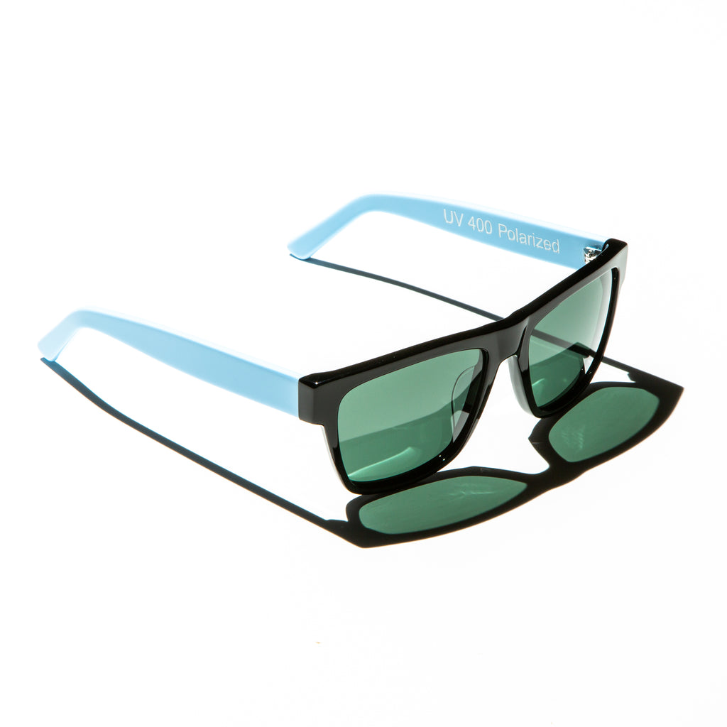 Green lens sunglasses with polished blue temples