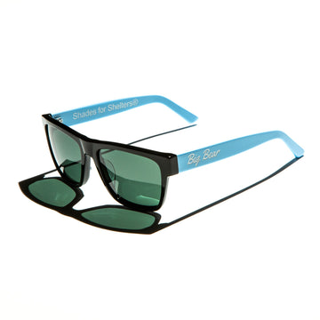 Green lens sunglasses with polished blue temples