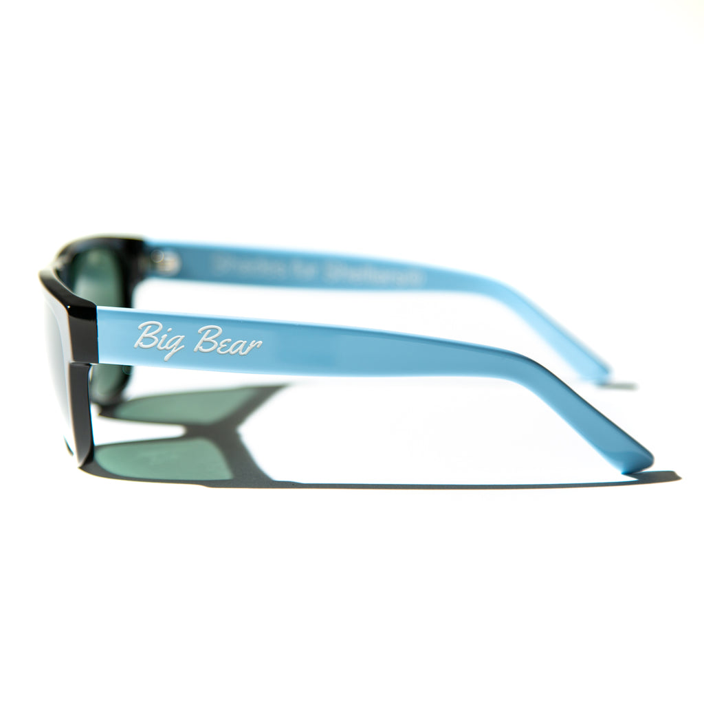 Green lens sunglasses with blue polished blue temples