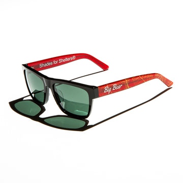 Green lens sunglasses with polished red and gold leaf temples