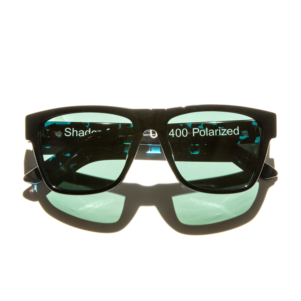 Green lens sunglasses with polished teal tortoiseshell temples