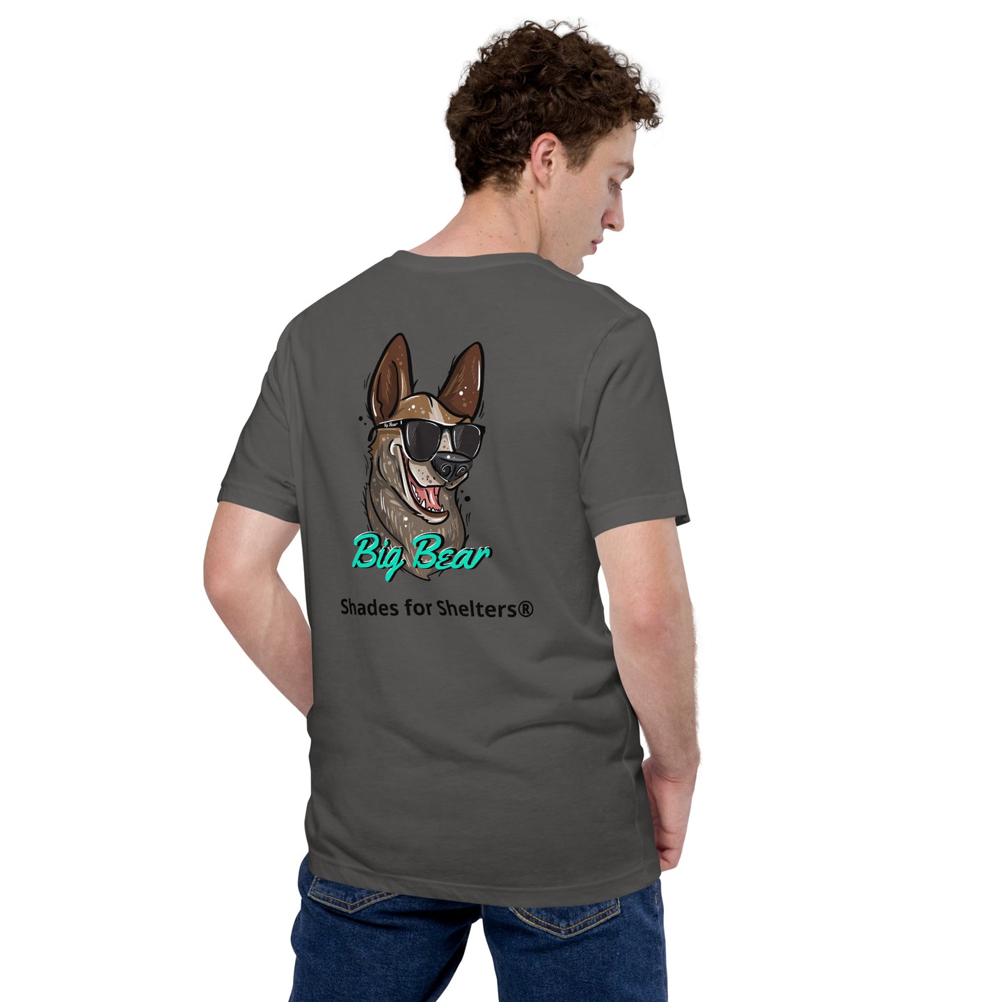 Look Cool, Help Dogs Unisex Tshirt asphalt male model back