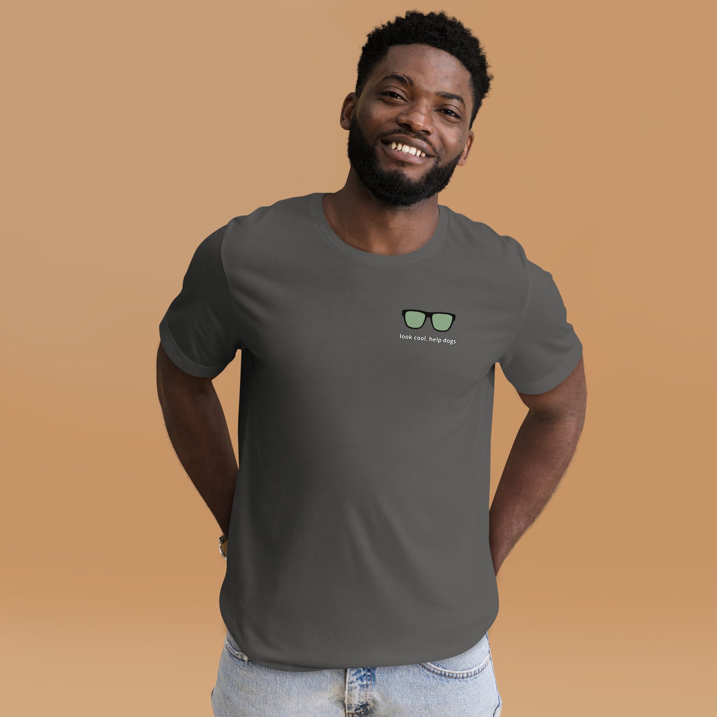 Look Cool, Help Dogs Unisex Tshirt asphalt male model front